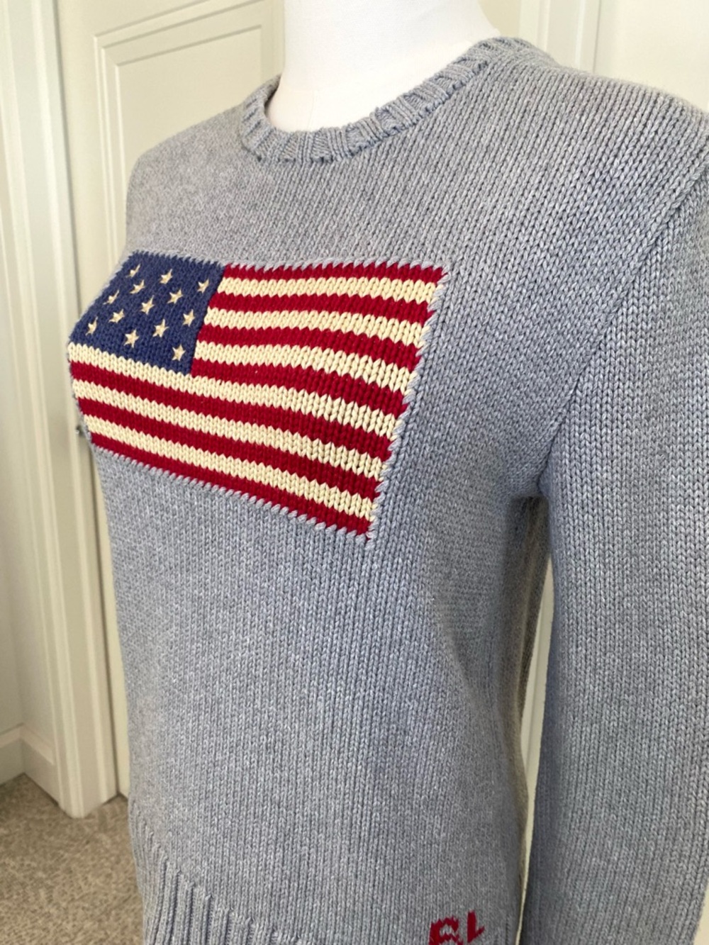 Polo Ralph Lauren Gray American Flag Sweater 100% Cotton Women’s XS Youth 16 - Picture 6 of 10